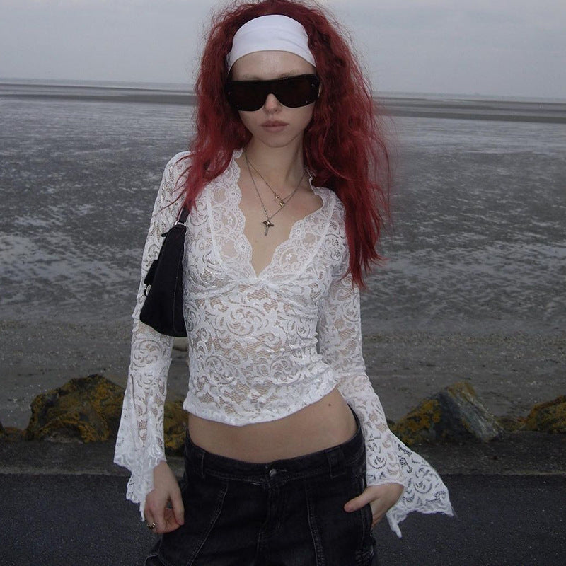 Lace Top Manga Longa Pérola ⊹ ࣪ ˖
